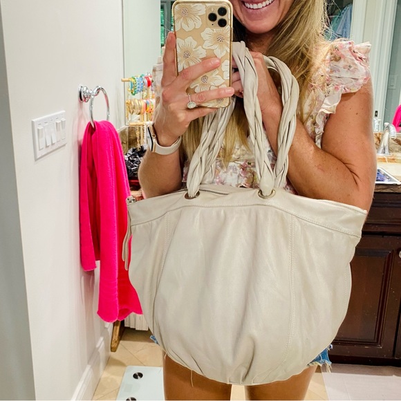 Furla Braided Double Handle Leather Hobo Slouchy Bag in grey EUC - Picture 17 of 17